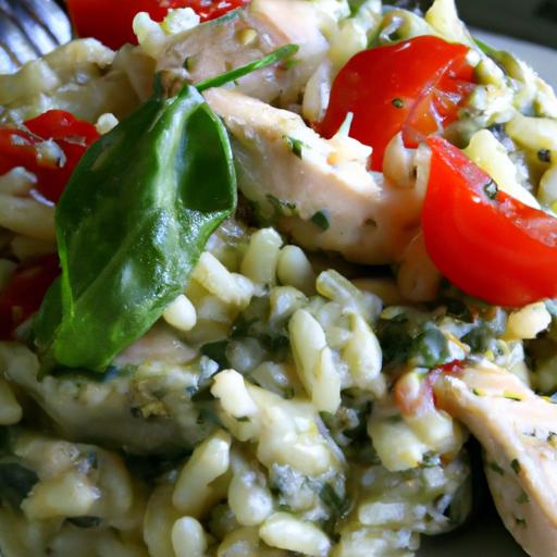 Creamy Chicken Orzo with Spinach,Tomatoes & Basil Pesto