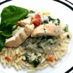 Creamy Chicken Orzo with Spinach, Tomatoes & Basil Pesto