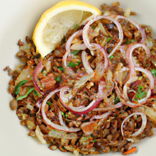 Flavorful Lebanese Lentil & Rice Bowl Topped with Crispy Onions