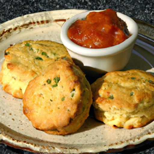 Savory Cheddar Herb Drop Biscuits Paired with Zesty Tomato Jam