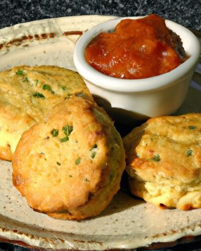 Savory Cheddar Herb Drop Biscuits Paired with Zesty Tomato Jam