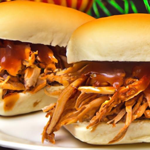 Tangy Shredded BBQ Chicken sliders on Sweet Hawaiian Rolls